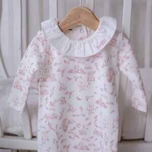 Pink Ruffle Collar Toile Footed Onesie